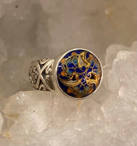 Victorian Hand Painted Enamel  Button set in Sterling Silver Ring Size 7 -1/4
