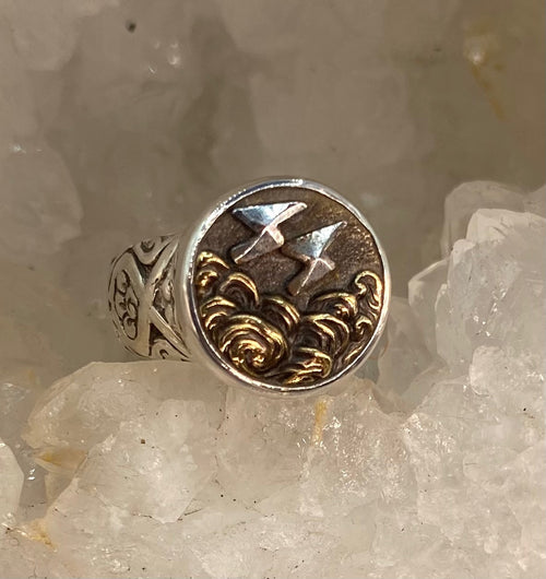 Victorian  European Picture Metal Lightening Bolt Steel Facet Design Button set in Sterling Silver Ring Size 7-1/4