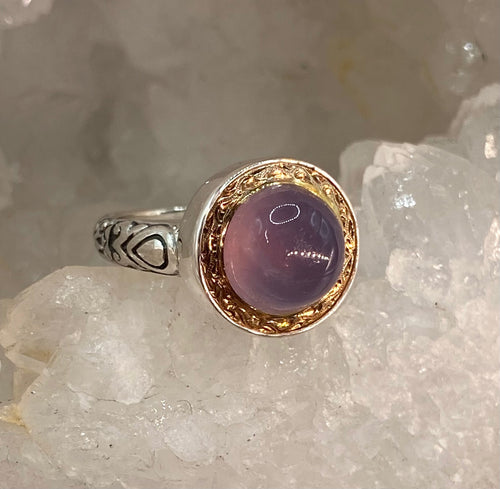 Victorian Gem Stone Chalcedony in Metal Button Set in Sterling Silver  Ring Size 6-3/4