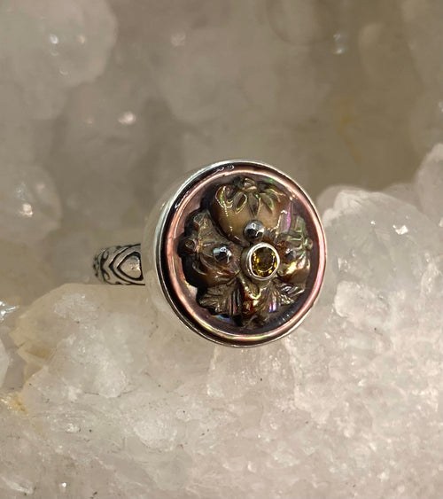 Victorian  Shell Button Floral Design with Steel Facet Accent & Tourmaline Ceter Facet Stone Accent Size 8