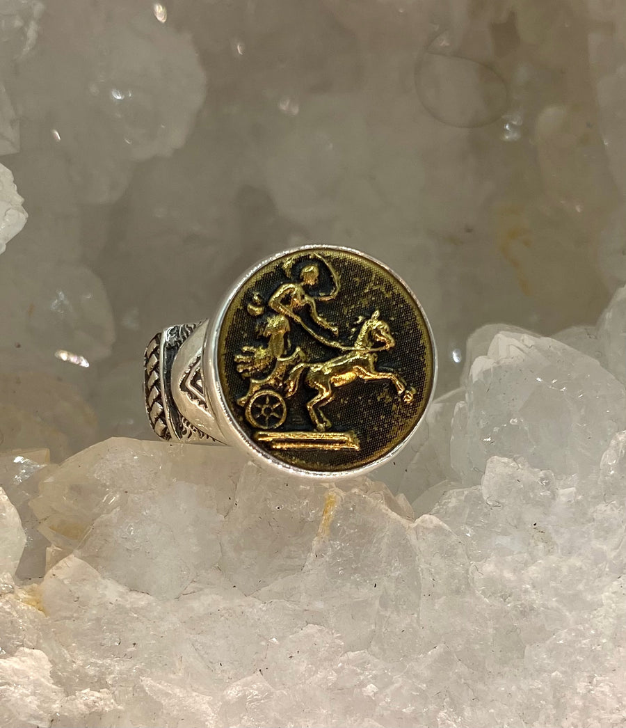 Victorian  European Picture Chariot Horse Design Button set in Sterling Silver Ring Size 7-1/2