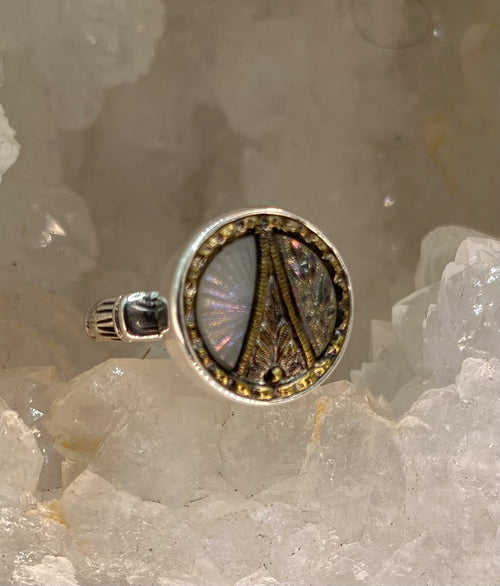Victorian Glass in Metal Button Set in Sterling Silver  Ring Size 6-3/4