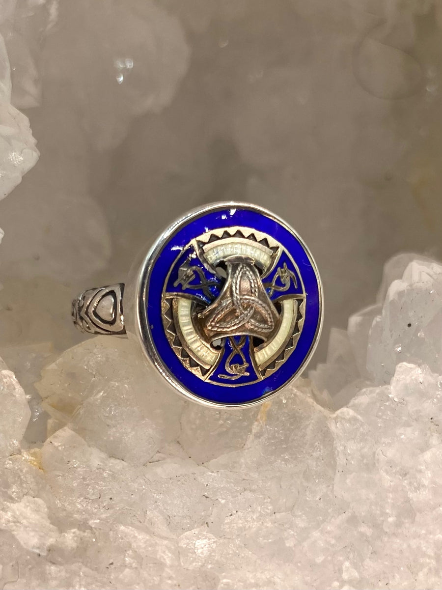 Victorian Hand Painted Enamel Blue & White Triad Sterling Silver Button set in Sterling Silver Ring Size 7-1/2