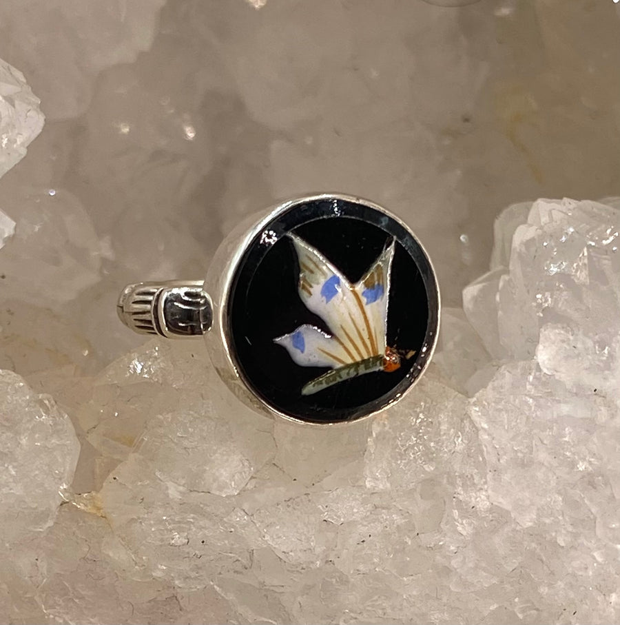 Victorian Hand Painted Enamel Butterfly on Black Glass Button set in Sterling Silver Ring Size 7