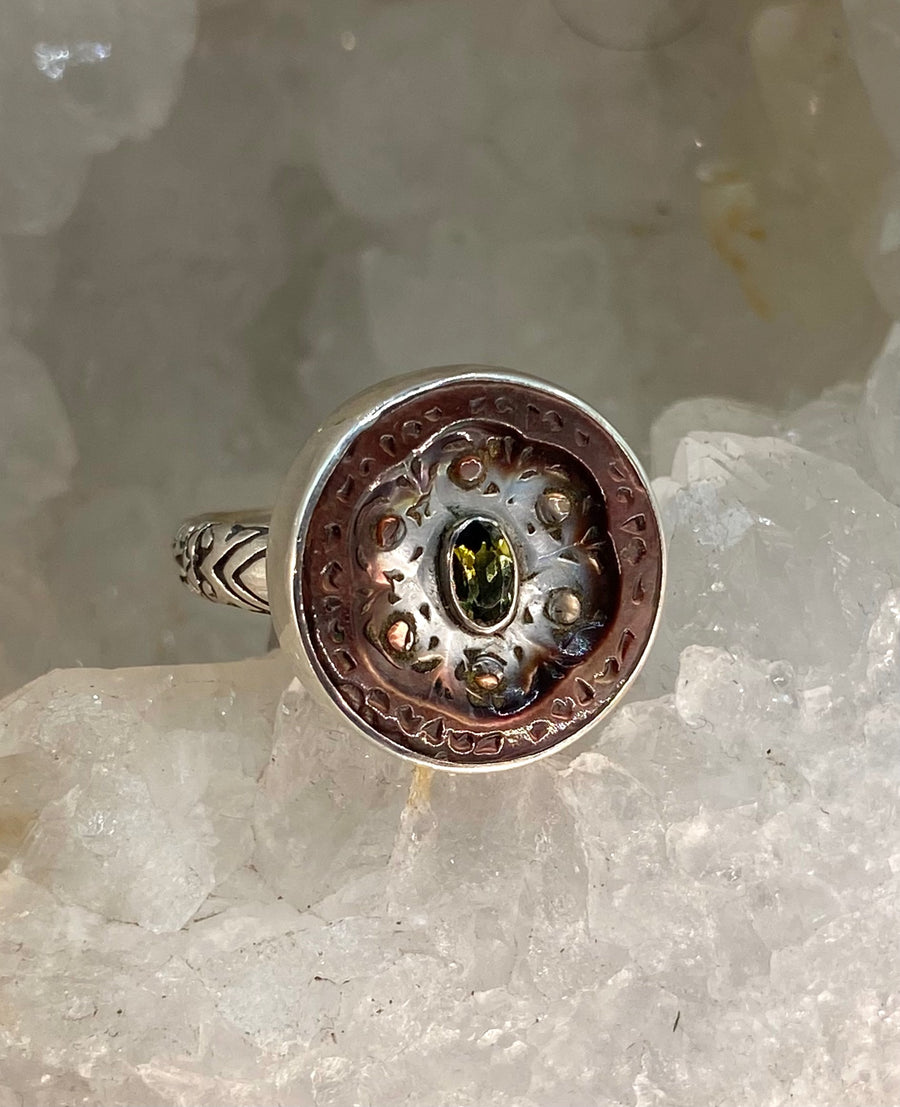 Victorian Carved Tinted Shell Button w/ Tourmaline Facet Center set in Sterling Silver Ring Size 7