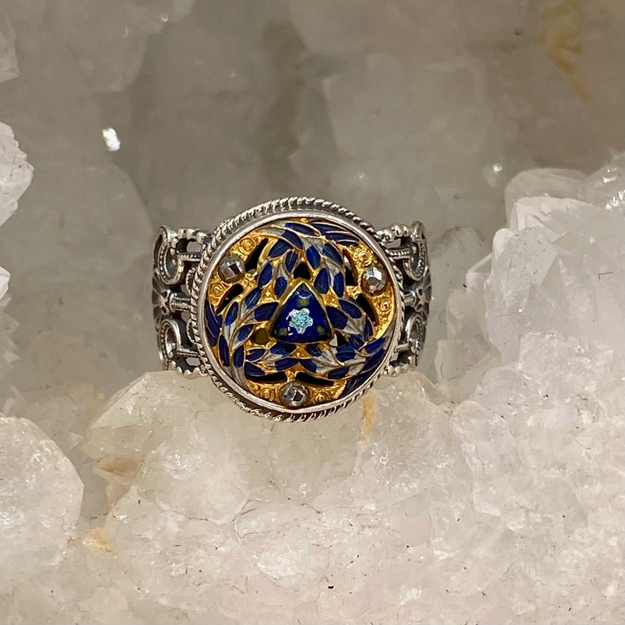 Victorian Hand Painted Floral Enamel Button set in Filigree Sterling Silver Ring Size 8