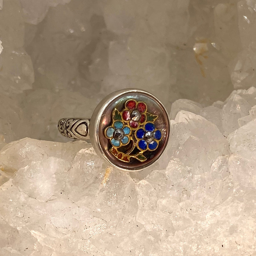 Victorian Hand Painted Floral Enamel on Shell Button set in Filigree Sterling Silver Ring Size 7-1/2
