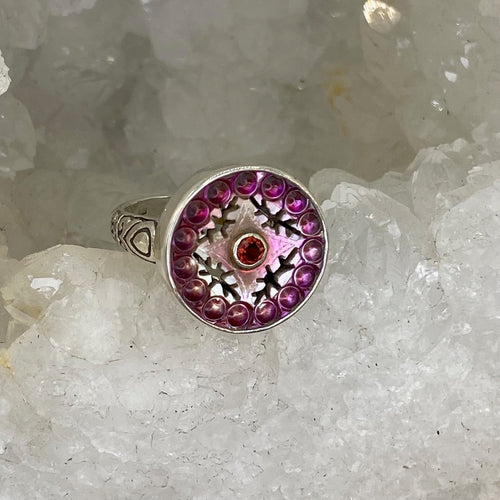Victorian Carved Tinted Shell Button w/ Garnet Facet Center set in Sterling Silver Ring Size 8-1/4