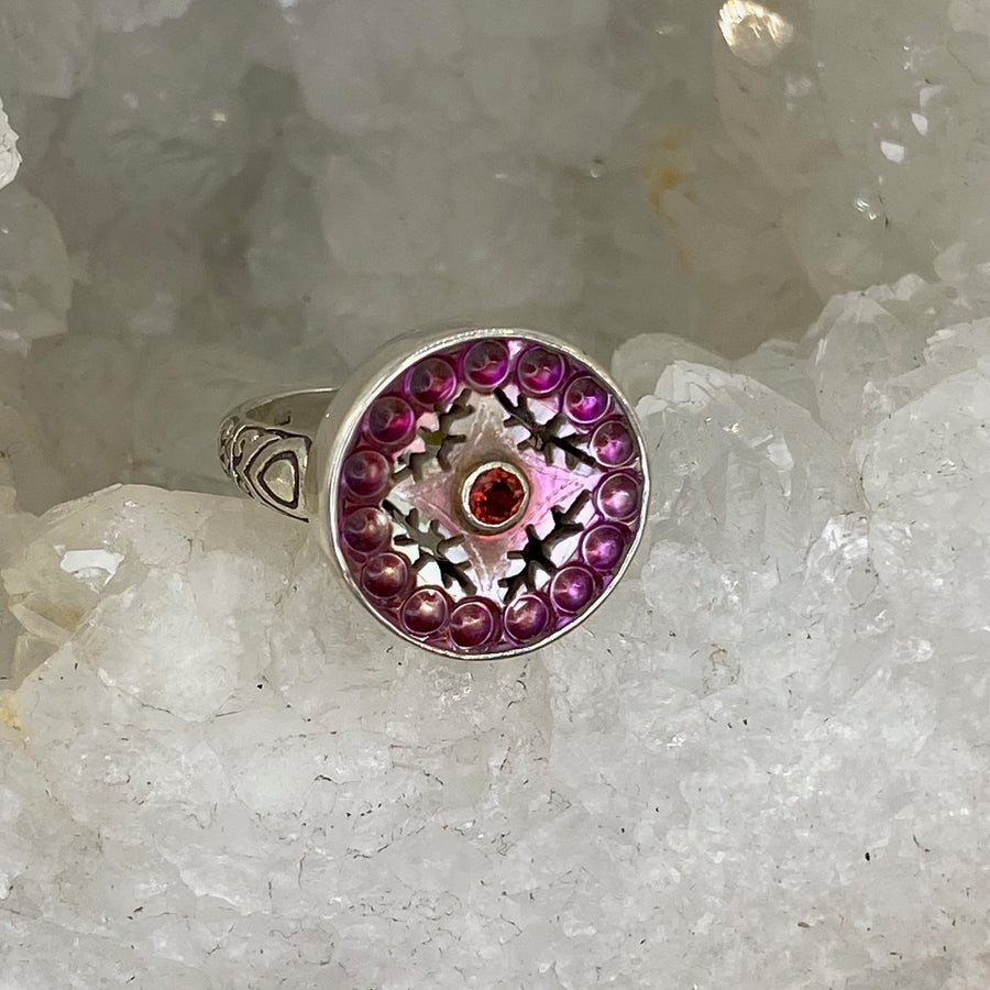 Victorian Carved Tinted Shell Button w/ Garnet Facet Center set in Sterling Silver Ring Size 8-1/4