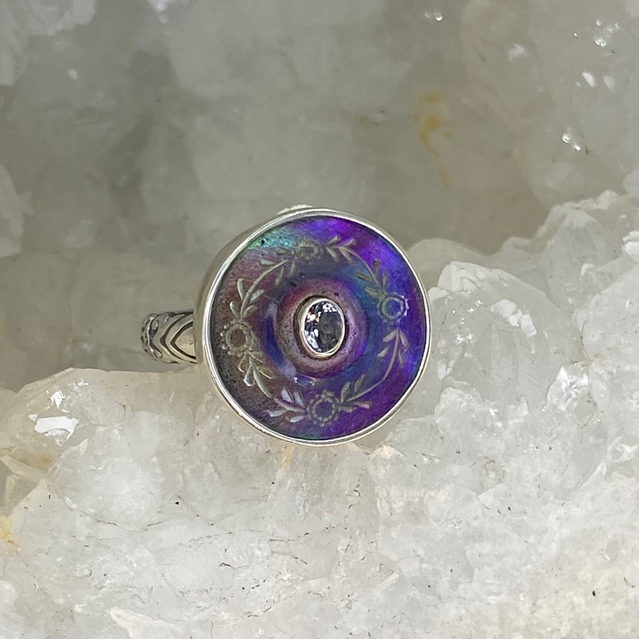 Victorian Carved Tinted Shell Button w/ Iolite Facet Center set in Sterling Silver Ring Size 7