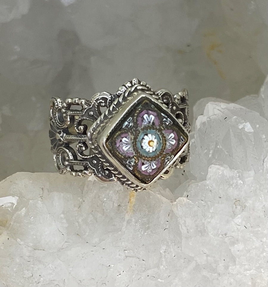 Antique Button Micro Mosaic Italian Glass  Button set In Filigree Sterling Silver Ring Size 7-1/4