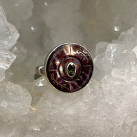 Victorian Carved Tinted Shell Button w/ Tourmaline Facet Center set in Sterling Silver Ring Size 7-1/2