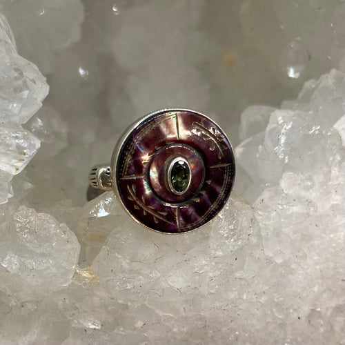 Victorian Carved Tinted Shell Button w/ Tourmaline Facet Center set in Sterling Silver Ring Size 7-1/2