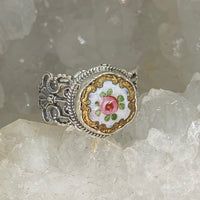 Victorian Hand Painted Floral Enamel Button set in Filigree Sterling Silver Ring Size 81/4