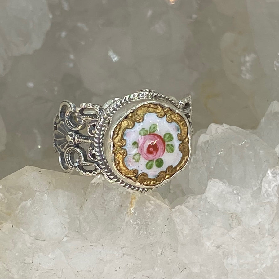 Victorian Hand Painted Floral Enamel Button set in Filigree Sterling Silver Ring Size 81/4