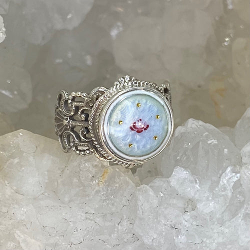 Victorian Hand Painted Floral Enamel Button set in Filigree Sterling Silver Ring Size 8-1/4