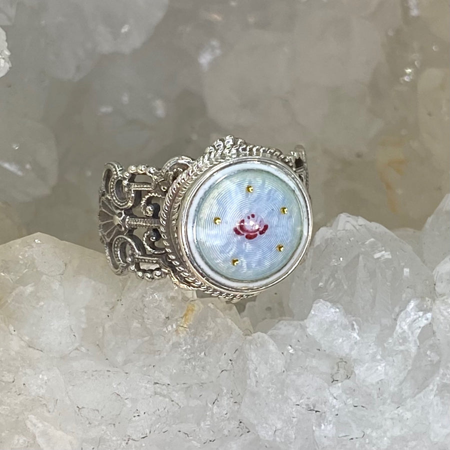 Victorian Hand Painted Floral Enamel Button set in Filigree Sterling Silver Ring Size 8-1/4