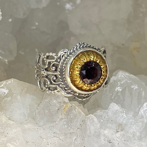 Victorian Purple Facet Glass in  Metal Button Set in Sterling Silver  Ring Size 7-1/2