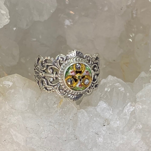 Victorian Hand Painted Floral Enamel Button set in Filigree Sterling Silver Ring Size 8-1/4