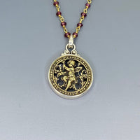 Victorian Picture Metal Button Openwork Cherub Button set in Sterling silver Pendant w/ Garnet Facet Rosary 18"" Necklace