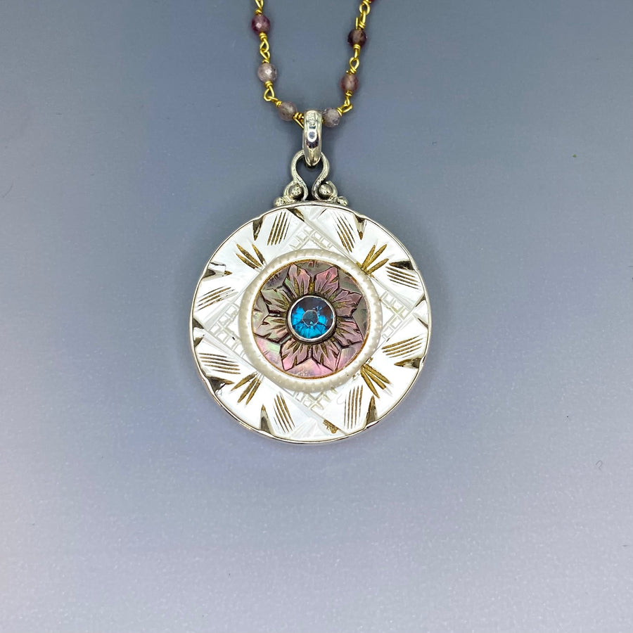 Victorian Carved Shell Pearl Button w/ Saphiret 24K & Glass Center set in Sterling silver w/ Garnets Necklace