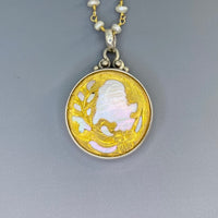 Victorian Shell with Ornate Metal Overlay Button Set in Sterling Silver With Pearl Stone Rosary Necklace (Copy)