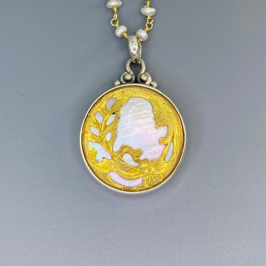 Victorian Shell with Ornate Metal Overlay Button Set in Sterling Silver With Pearl Stone Rosary Necklace (Copy)