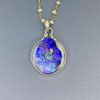 Victorian Carved Shell Pearl Button w/ Iolite Center Center set in Sterling silver w/ Pearl Necklace