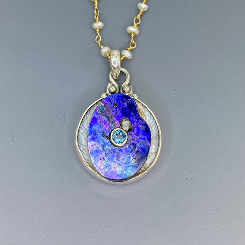 Victorian Carved Shell Pearl Button w/ Iolite Center Center set in Sterling silver w/ Pearl Necklace