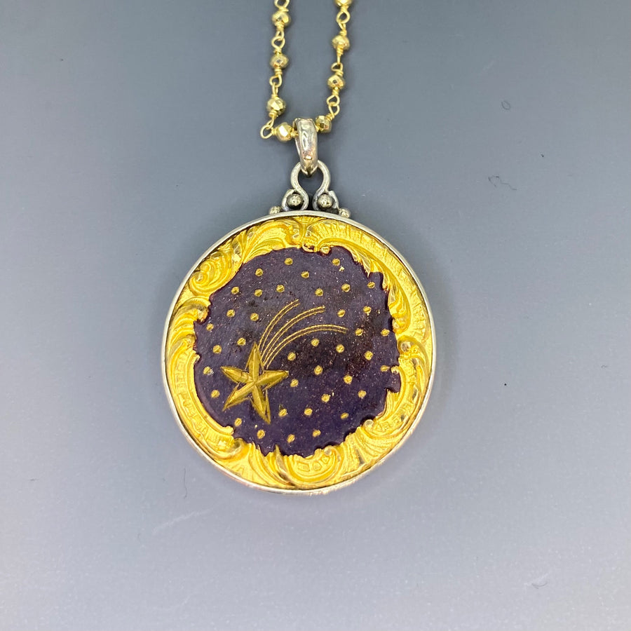 Victorian Picture Metal Tinted Shooting Star set in Sterling silver Pendant w/ Pyrrite Necklace