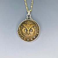 Victorian Picture Metal Owl button set in Sterling silver Pendant w/ Pyrrite Facet Necklace