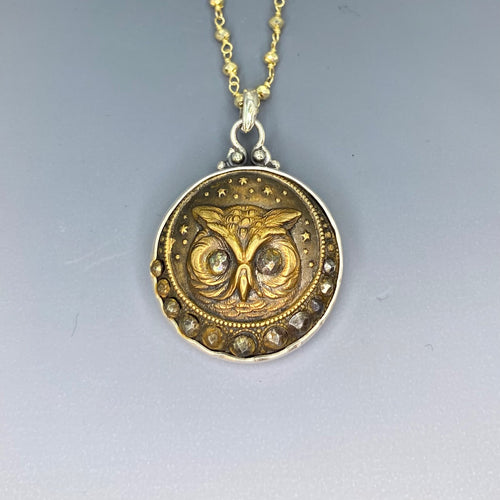 Victorian Picture Metal Owl button set in Sterling silver Pendant w/ Pyrrite Facet Necklace