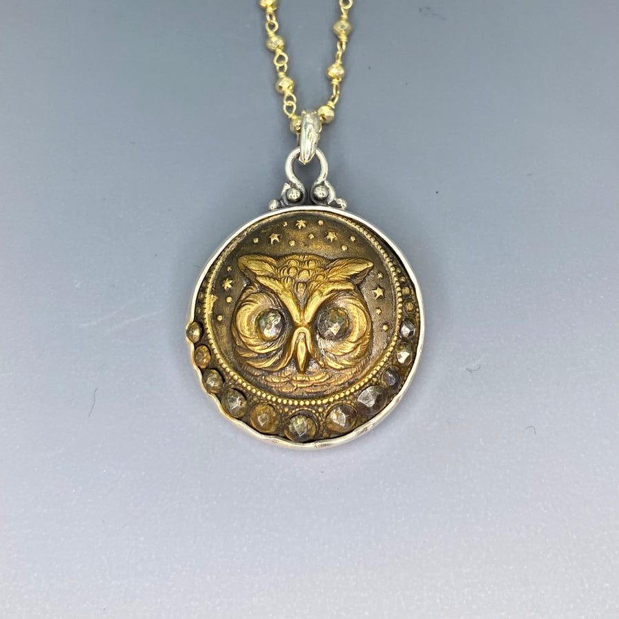 Victorian Picture Metal Owl button set in Sterling silver Pendant w/ Pyrrite Facet Necklace