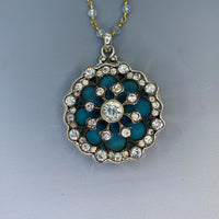 Victorian Metal Fabric Button w/ Victorian Paste Metal Overlay Rare! Set in Sterling Silver Pendant w/ Aqua Marine Rosary Necklace