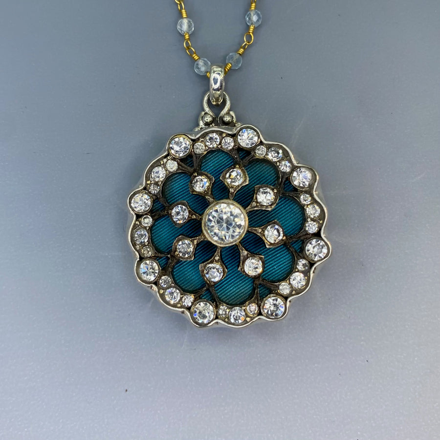 Victorian Metal Fabric Button w/ Victorian Paste Metal Overlay Rare! Set in Sterling Silver Pendant w/ Aqua Marine Rosary Necklace