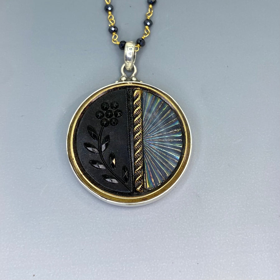 Victorian Czech Pleated &Victorian Lustered Glass in Metal Button Set in Sterling Silver With Facet Spinnel Stone Rosary Necklace