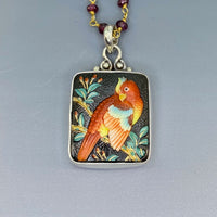 Arita Bird Parrot Toshikane Button set in Sterling Silver W/ Garnet Stone Necklace