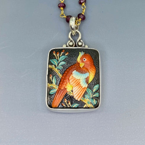 Arita Bird Parrot Toshikane Button set in Sterling Silver W/ Garnet Stone Necklace