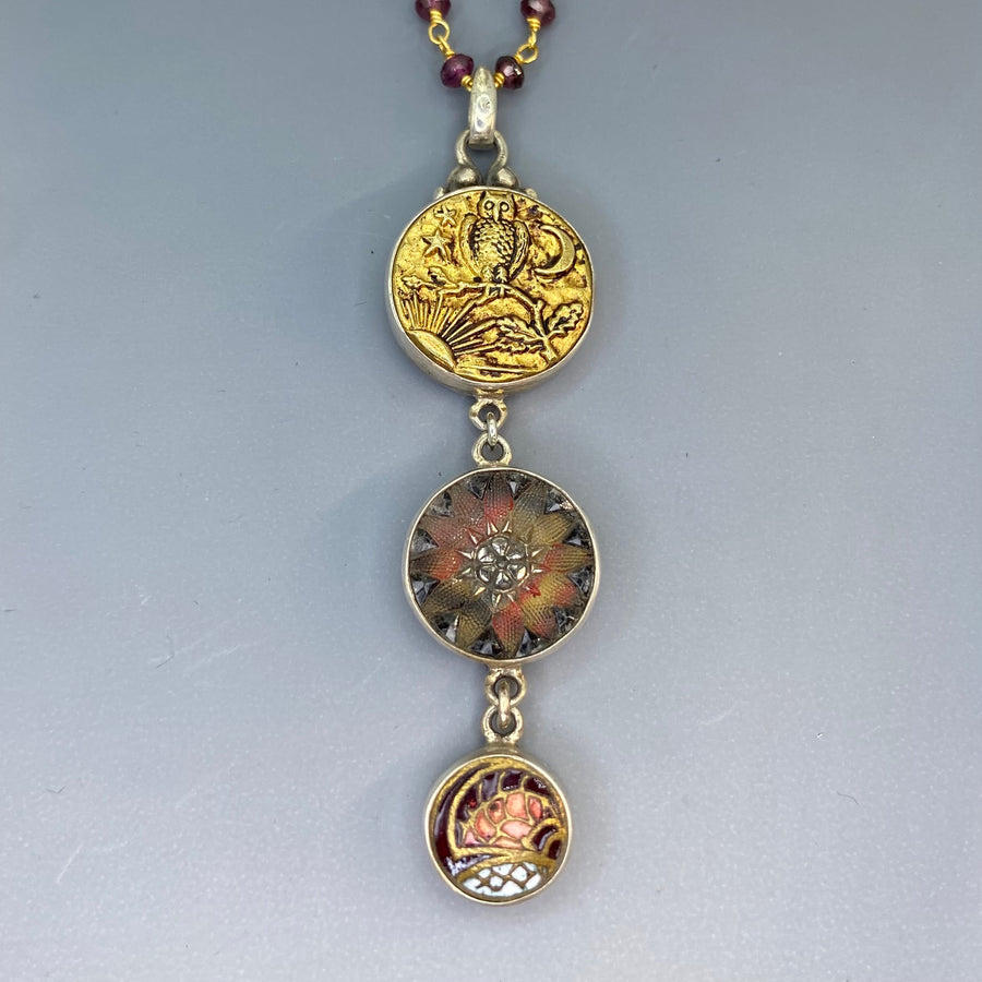 Victorian Three Button Drop Set in Sterling Silver Accented with Garnet Facet Rosary Necklace