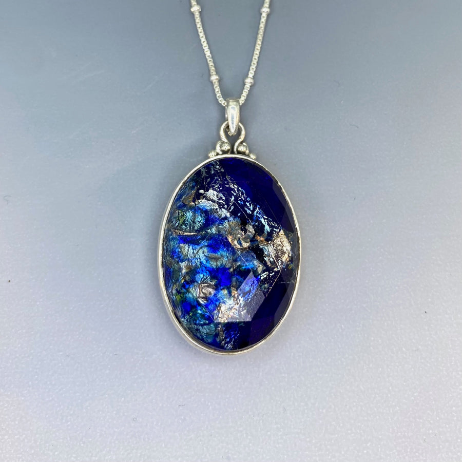 Leo Popper Large Oval Facet Button set in Sterling Silver  accented w/ Sterling Silver Necklace
