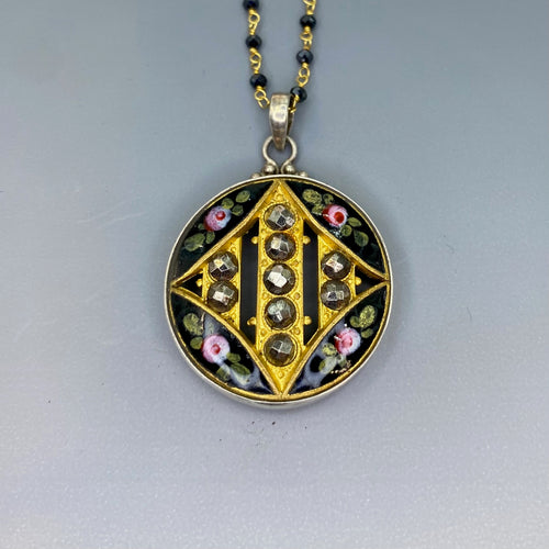 Victorian Hand Painted Floral Enamel with Steel Facet Accent set in Sterling Silver w/ Black Spinnel Rosary Necklace
