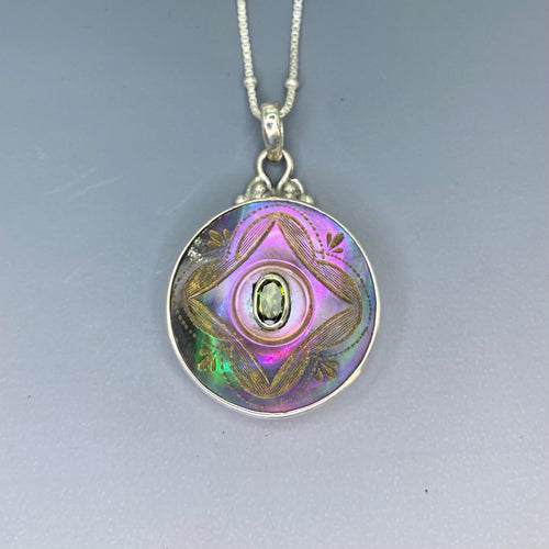 Victorian Carved Shell Pearl Button Tourmaline Center Center set in Sterling silver w/ Sterling Satellite Necklace