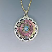 Victorian Carved Shell Pearl Button w/ Saphiret 24K & Glass Center set in Sterling silver w/ Labradorite Necklace