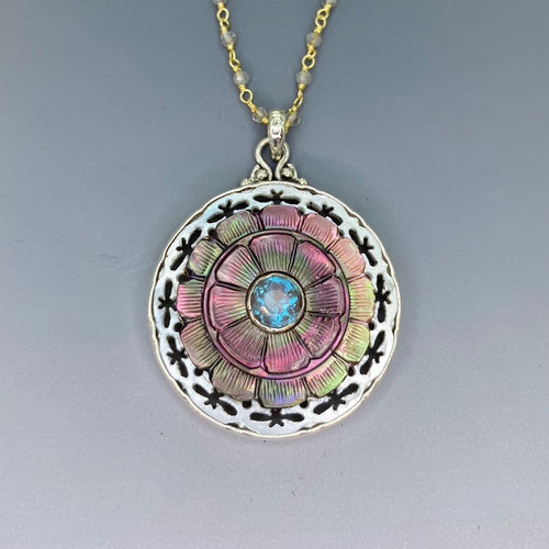 Victorian Carved Shell Pearl Button w/ Saphiret 24K & Glass Center set in Sterling silver w/ Labradorite Necklace