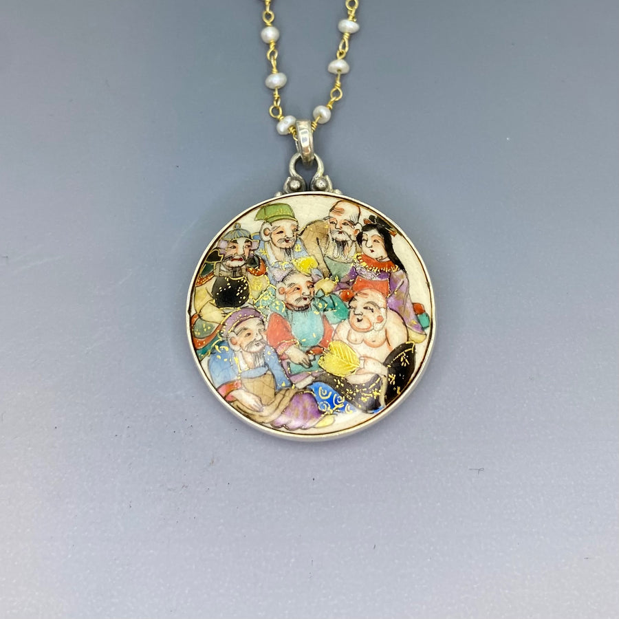 Hand Painted 7 Gods Satsuma Button W/ Gold Painted Accent set in Sterling silver w/ Pearl Facet Necklace