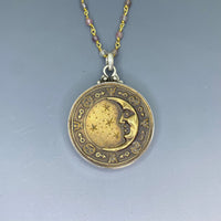 Victorian Picture Metal Moon button set in Sterling silver Pendant w/ Garnet Facet Necklace