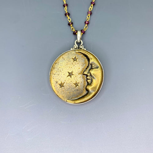 Victorian Picture Metal Moon button set in Sterling silver Pendant w/ Garnet Facet Necklace