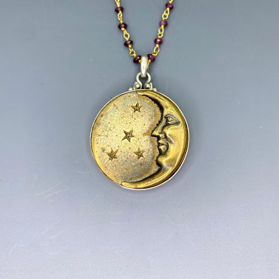 Victorian Picture Metal Moon button set in Sterling silver Pendant w/ Garnet Facet Necklace