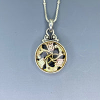 Victorian  DUG Design under Glass w/ Painted Pearl with Facet Glass Overlay Button Set in Sterling Silver With Sterling Silver Chain