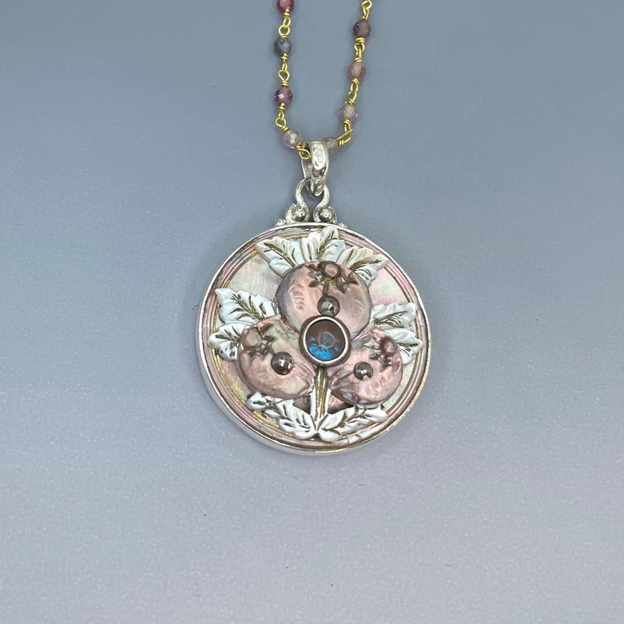 Victorian Carved Shell Pearl Button w/ Saphiret 24K & Glass Center w/ Steel Facet  set in Sterling silver w/ Sterling Silver Necklace